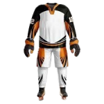 Custom Sublimated White, Black, and Orange Professional Ice Hockey Uniform Set