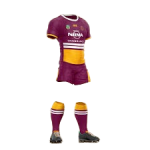 Custom Sublimated Maroon and Gold Striped Men's Performance Rugby Uniform Set